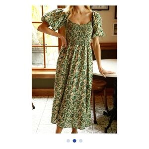 Smocked Square-Neck Floral Midi Dress - Green/Cream
